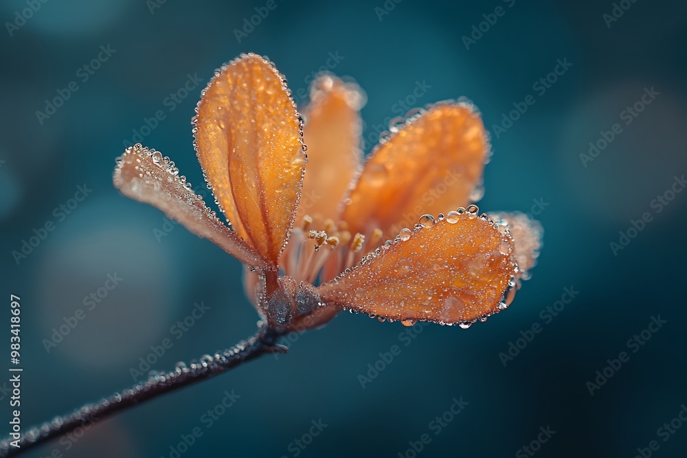 Closeup of a single orange flower with dew drops Closeup of a single orange flower with dew drops
