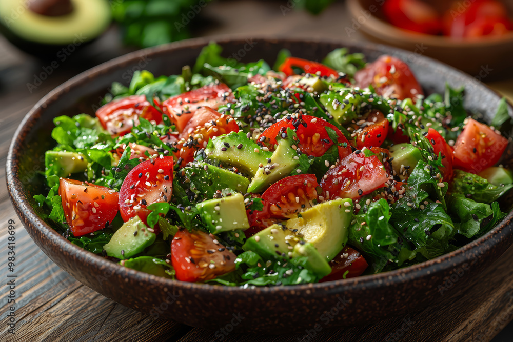 A vibrant salad with fresh greens, seeds, and avocados on a wooden table. Concept of balanced nutrition. A vibrant salad with fresh greens, seeds, and avocados on a wooden table. Concept of balanced nutrition.