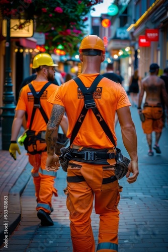 Construction Workers in High-Visibility Gear Navigating a Busy City Street During Summer.