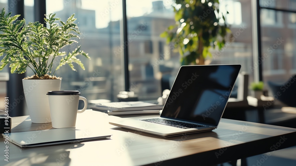 A laptop computer and a cup of coffee on a desk next to a window. A laptop computer and a cup of coffee on a desk next to a window.