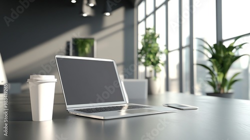 Wallpaper Mural A laptop computer, a smartphone, and a cup of coffee on a desk in a modern office. Torontodigital.ca