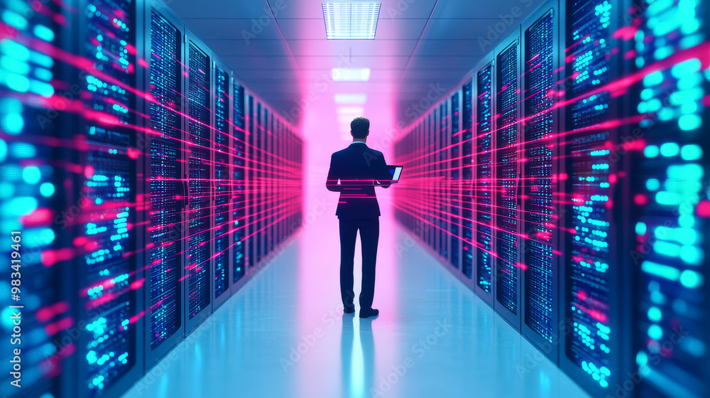 Man in a server room with red and blue lights. Man in a server room with red and blue lights.