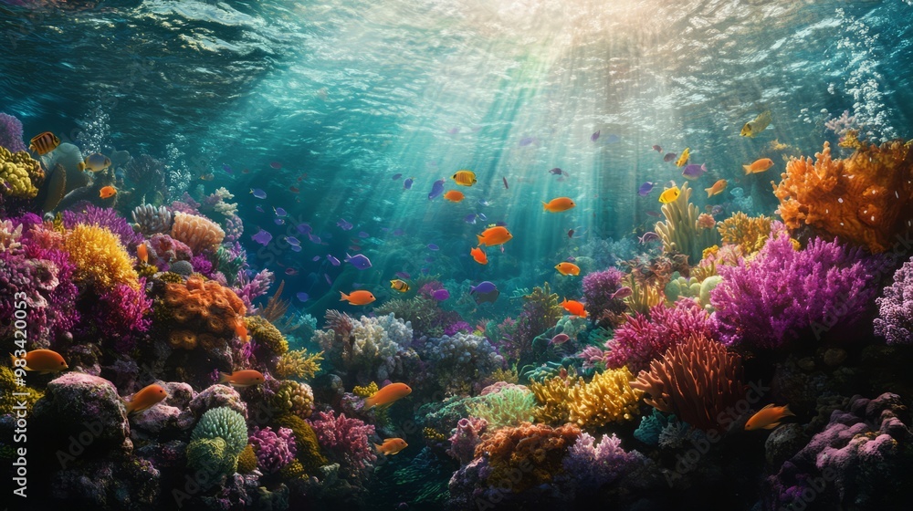 Naklejka premium Vibrant Coral Reef with Sunlight and Tropical Fish Underwater