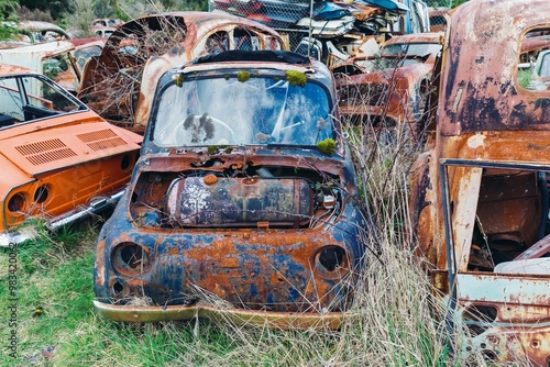 Abandoned and rusted classic cars  in the The historical Horopito Motor Wreckers - Smash Palace, near Raetihi, Manawatu-Wanganui, New Zealand. photo