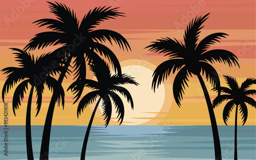 Palm Tree Silhouettes with Sunrise Vector