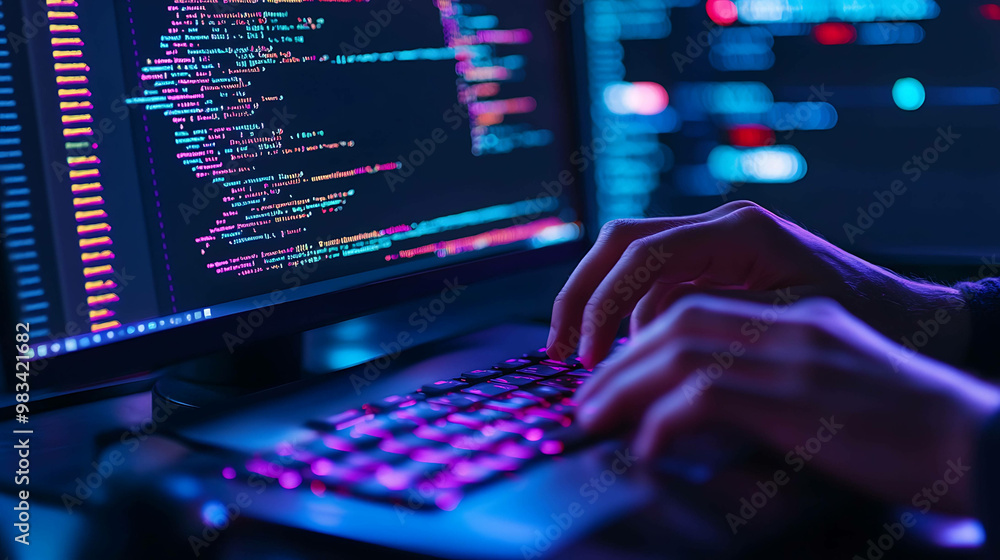 Close up of hands typing on keyboard with code on computer screen. Close up of hands typing on keyboard with code on computer screen.