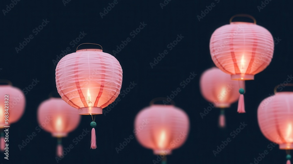 Fototapeta premium Pink lanterns floating in the air for breast cancer awareness night selective focus - Symbolizing hope rising - surreal - Double exposure - Night sky backdrop