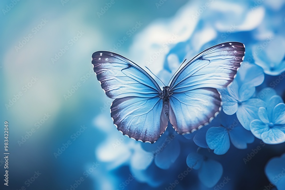 Blue Morpho Butterfly on Hydrangea Flower Blue Morpho Butterfly on Hydrangea Flower