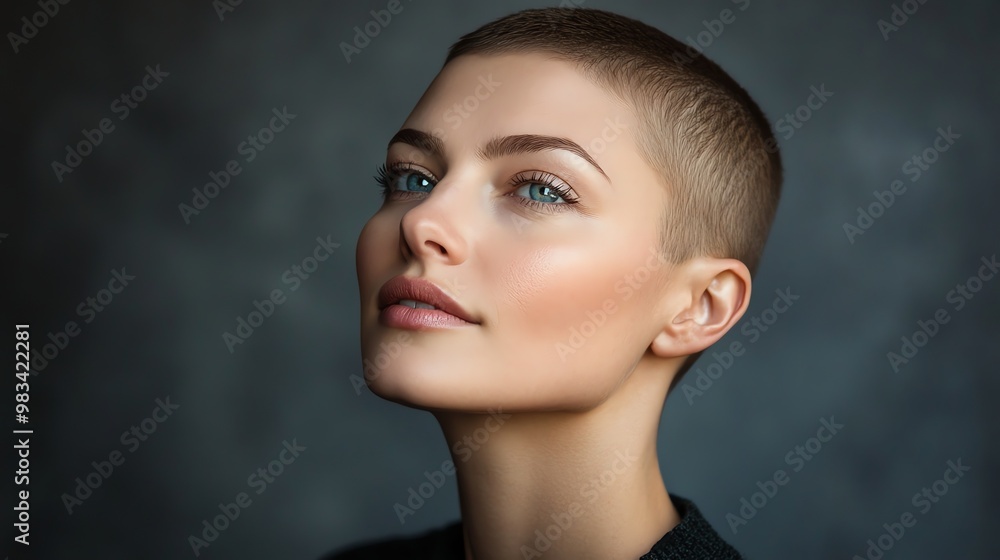 A close-up portrait of a beautiful young woman with short hair looking up. A close-up portrait of a beautiful young woman with short hair looking up.