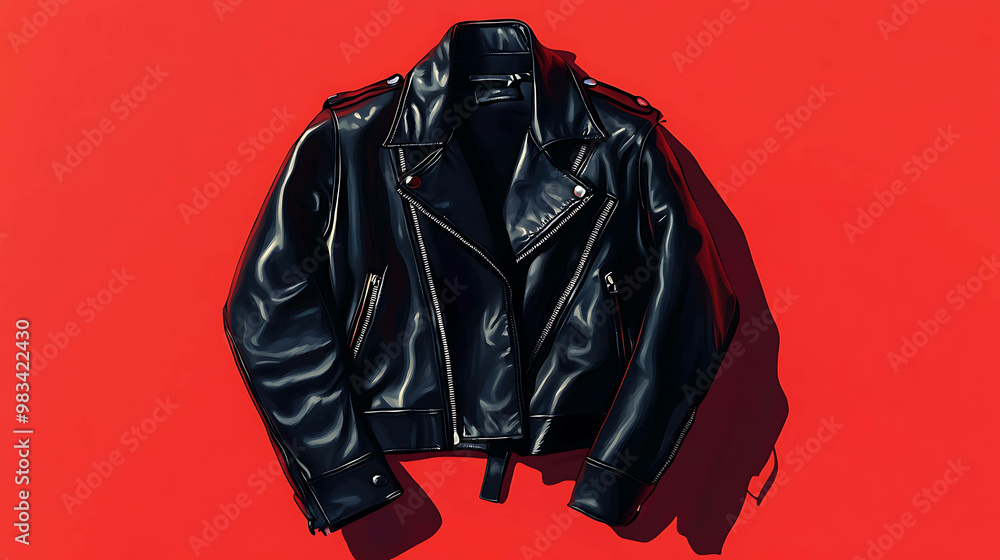 Black leather jacket isolated on a red background. Black leather jacket isolated on a red background.