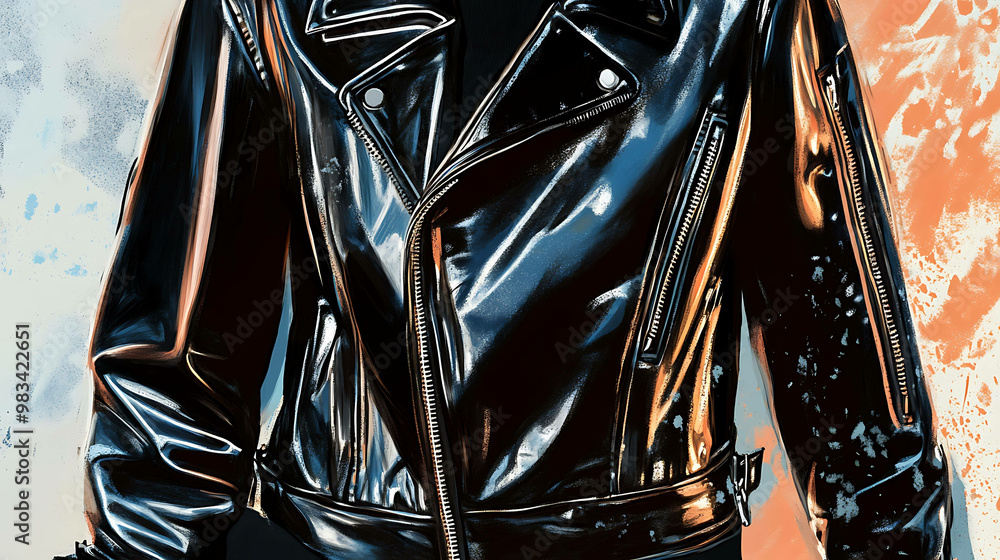 A close-up of a black leather jacket with a zipper. A close-up of a black leather jacket with a zipper.