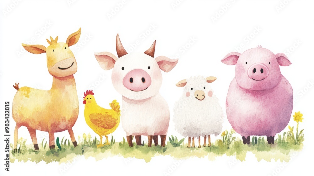 Whimsical Farm Animals Illustration Featuring Goat, Pig, and Chicken Whimsical Farm Animals Illustration Featuring Goat, Pig, and Chicken