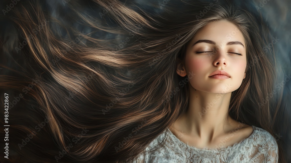 A young woman with long brown hair and closed eyes. A young woman with long brown hair and closed eyes.