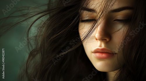 Close-up portrait of a beautiful woman with her eyes closed, her dark hair blowing in the wind.