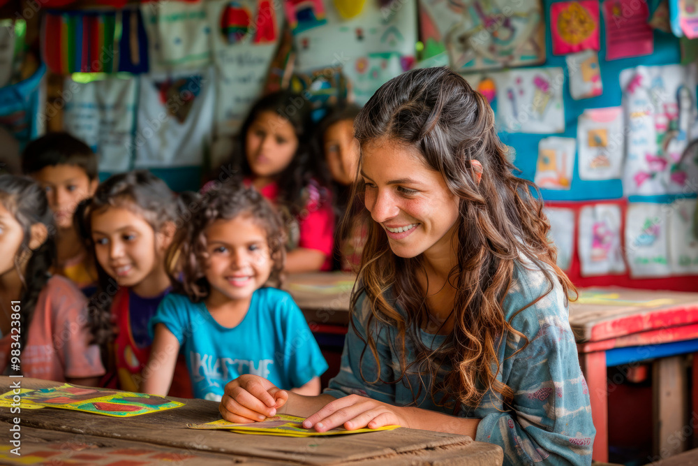Fototapeta premium Volunteer teacher helping children from low-income families with their studies, warm and supportive classroom environment, focus on caring and learning