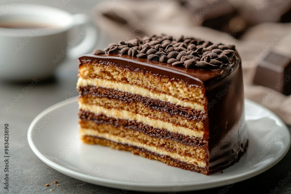A Slice of Layered Chocolate Cake with Chocolate Chips