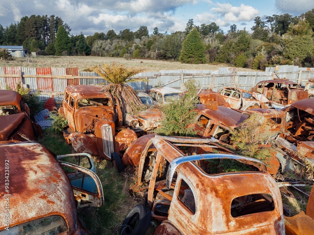 Abandoned and rusted classic cars in the The historical Horopito Motor Wreckers - Smash Palace, near Raetihi, Manawatu-Wanganui, New Zealand. Abandoned and rusted classic cars in the The historical Horopito Motor Wreckers - Smash Palace, near Raetihi, Manawatu-Wanganui, New Zealand.