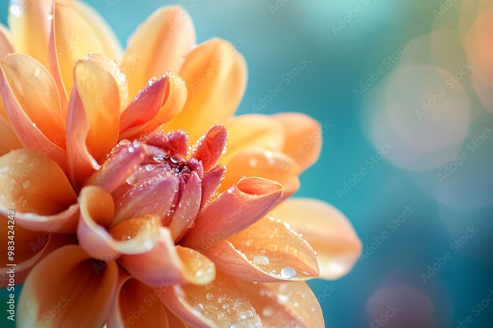 Fototapeta premium Close up of a single peach colored flower with water droplets