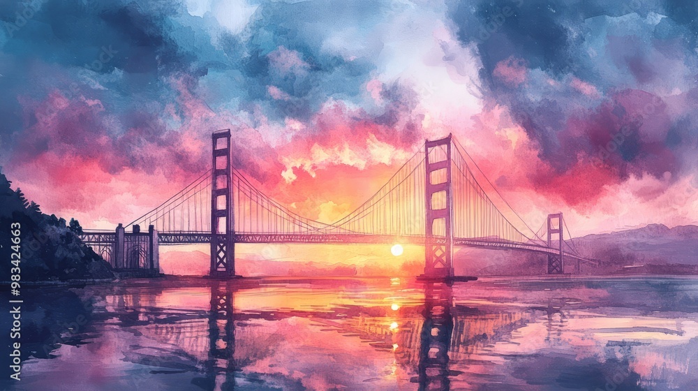 Obraz premium Serene Sunset Over Majestic Bridge Reflection