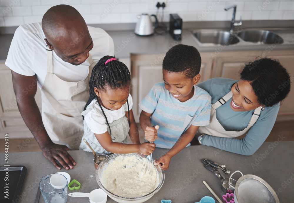 Whisk, bowl and black family baking in kitchen for bonding, learning and skill development in home. Mixing, ingredients and African parents teaching children to cook for growth and fun at house. Whisk, bowl and black family baking in kitchen for bonding, learning and skill development in home. Mixing, ingredients and African parents teaching children to cook for growth and fun at house.