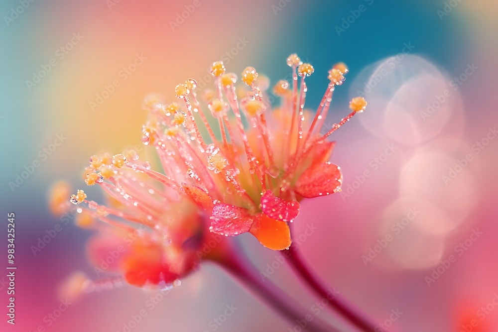 Close up of a vibrant pink flower with yellow pollen blooming in soft pastel colors. Close up of a vibrant pink flower with yellow pollen blooming in soft pastel colors.