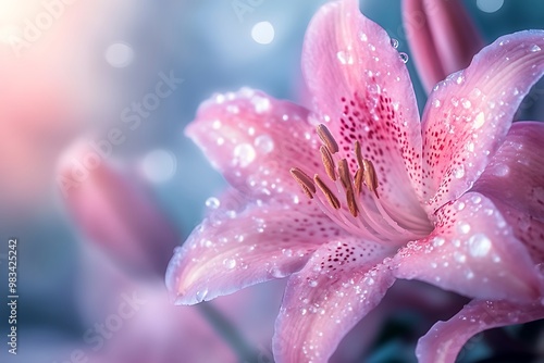 Closeup of pink lily flower with water drops, bokeh background