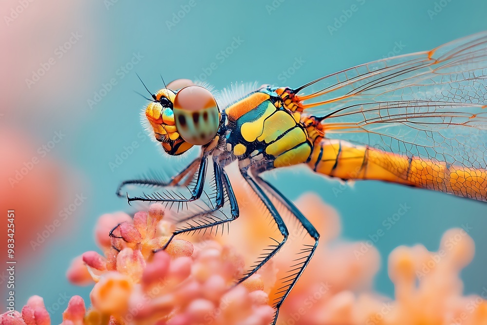 Macro photo of a colorful dragonfly perched on a pink flower Macro photo of a colorful dragonfly perched on a pink flower