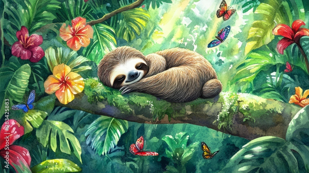 Relaxing Sloth in Lush Tropical Jungle Relaxing Sloth in Lush Tropical Jungle