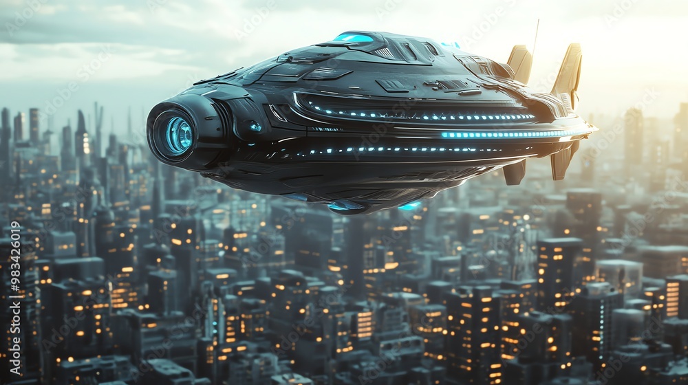 Futuristic spaceship flying over a cityscape. Futuristic spaceship flying over a cityscape.