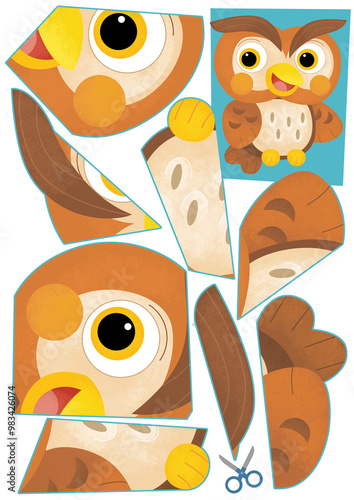 Wallpaper Mural cartoon scene with character puzzle cutout educational exercise manual work with scissors animal bird owl illustration for kids cutout Torontodigital.ca