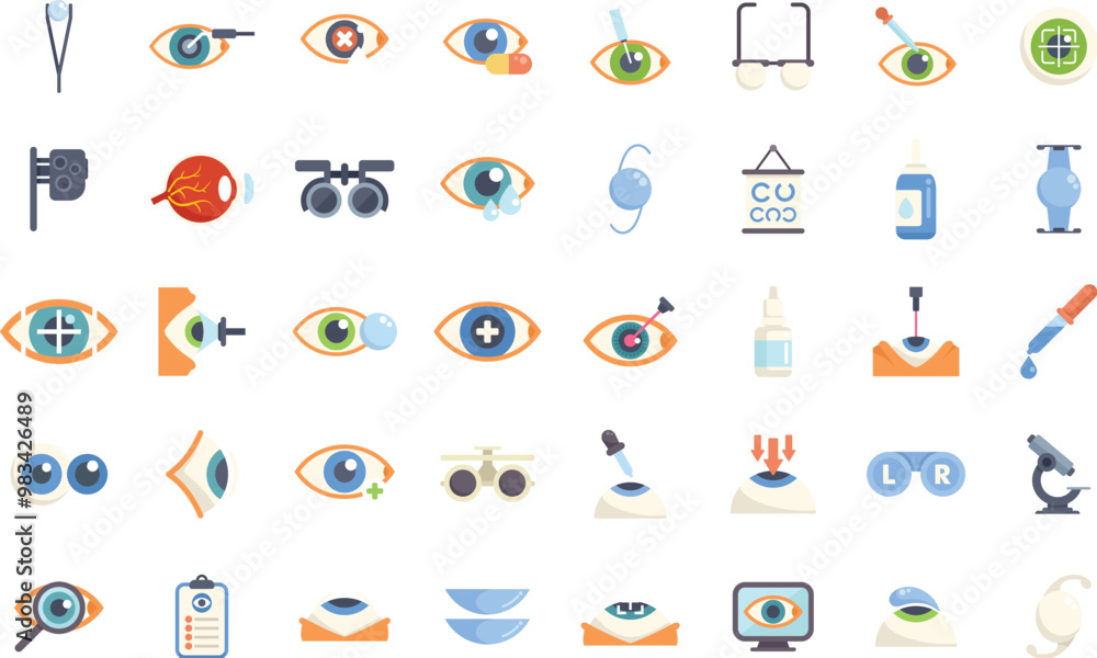 Explore eye care with icons depicting examinations, treatments, and the expertise of an ophthalmologist Explore eye care with icons depicting examinations, treatments, and the expertise of an ophthalmologist