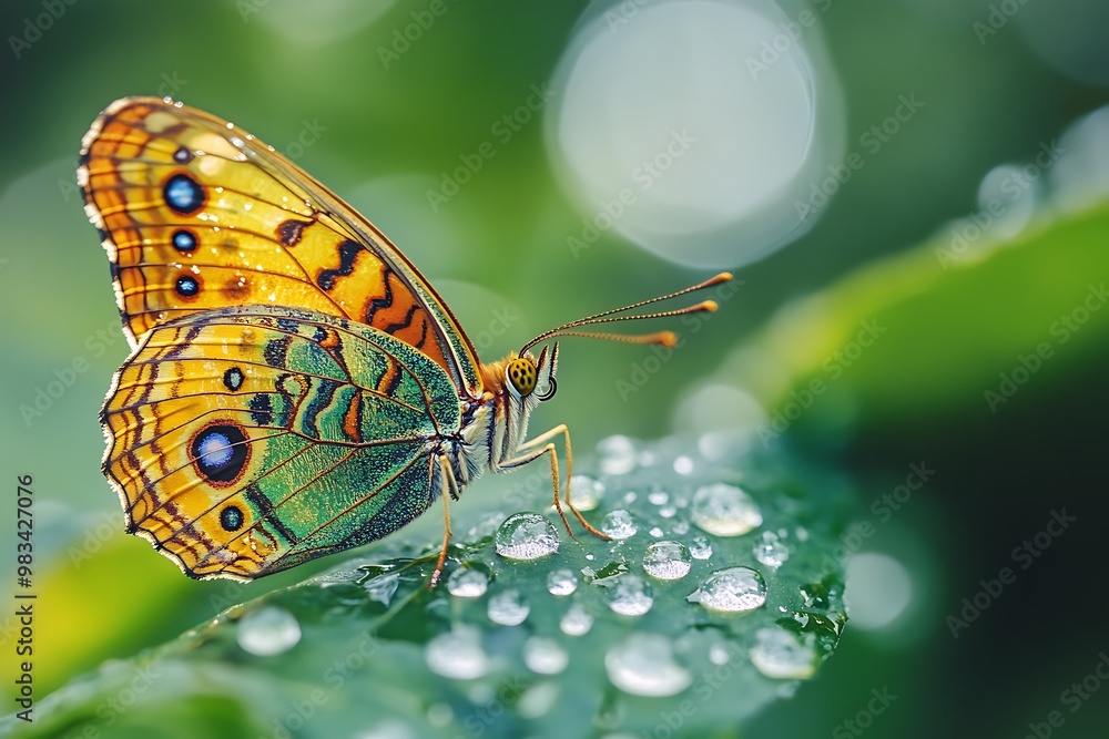 Naklejka premium Beautiful butterfly with colorful wings on green leaf with water drops, macro photography