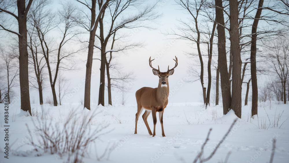 A serene winter landscape captured in a minimalist photography style, featuring a lone deer standing calmly in the midst of a snow-covered forest A serene winter landscape captured in a minimalist photography style, featuring a lone deer standing calmly in the midst of a snow-covered forest