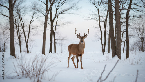 A serene winter landscape captured in a minimalist photography style, featuring a lone deer standing calmly in the midst of a snow-covered forest