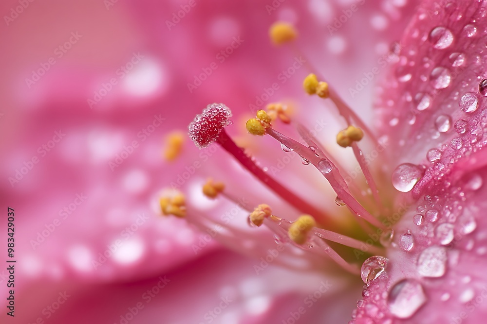 Close up of pink flower blossom with dew drops, floral macro photography Close up of pink flower blossom with dew drops, floral macro photography
