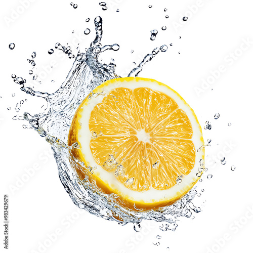 A fresh lemon slice splashing into clear water, showcasing vibrant colors and refreshing essence. Perfect for culinary themes, Transparent background.