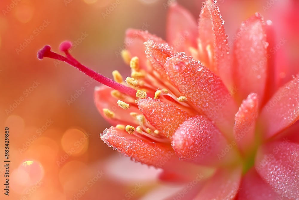 Close up of pink flower blossom with water droplets and blurred background Close up of pink flower blossom with water droplets and blurred background