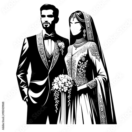 Black and white vector wedding couple in traditional attire