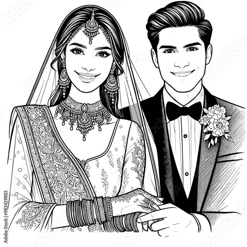 Smiling couple in traditional Indian wedding attire vector