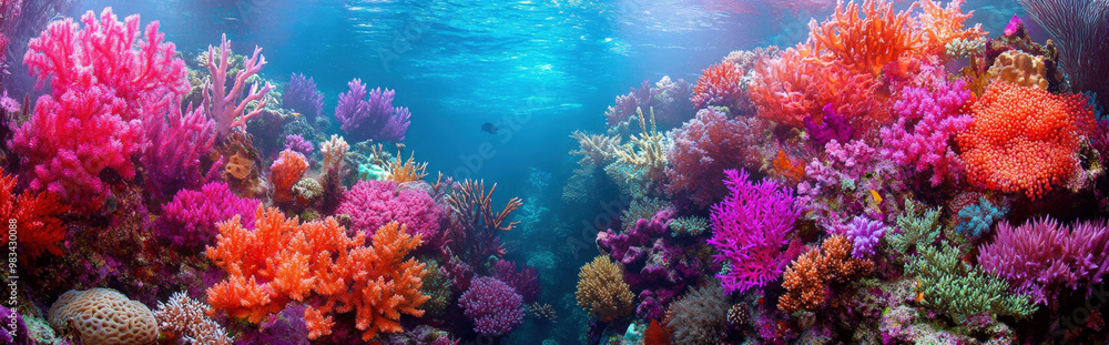 Fototapeta premium background that captures the vibrant colours and natural textures of a coral reef, showcasing a variety of coral formations in bright reds, pinks, and purples for an exotic, underwater feel
