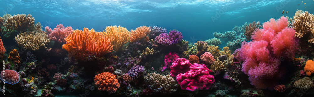 Fototapeta premium background that captures the vibrant colours and natural textures of a coral reef, showcasing a variety of coral formations in bright reds, pinks, and purples for an exotic, underwater feel