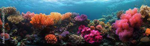 background that captures the vibrant colours and natural textures of a coral reef, showcasing a variety of coral formations in bright reds, pinks, and purples for an exotic, underwater feel