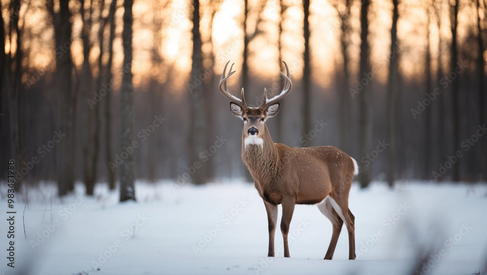 A serene winter scene depicting a majestic deer standing alone in a snow-covered forest A serene winter scene depicting a majestic deer standing alone in a snow-covered forest
