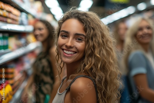 smiling girl shopping in supermarket with friends on the blurred background