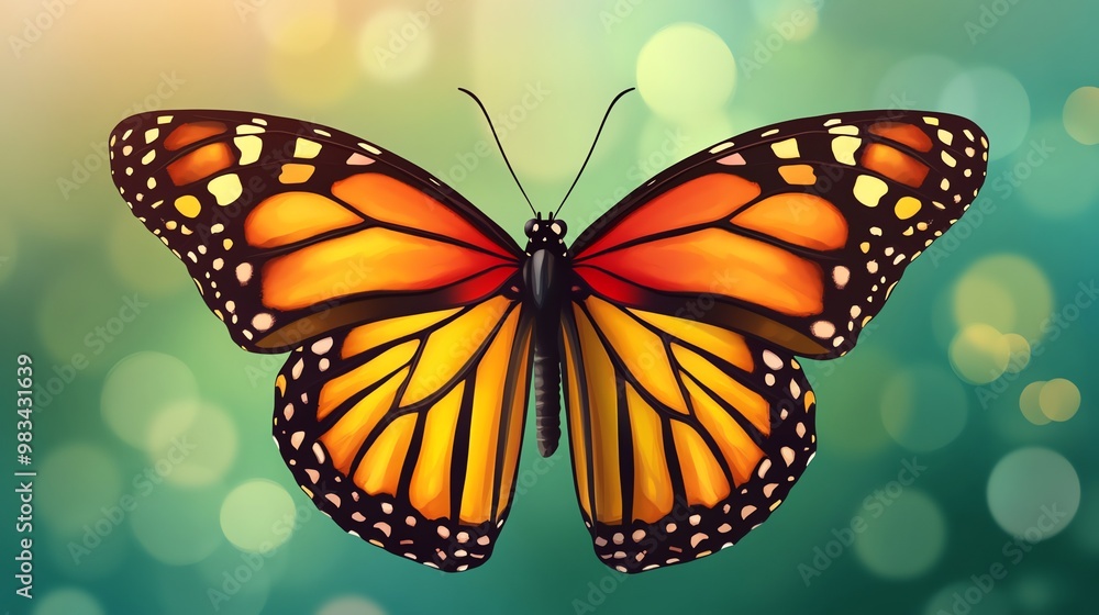 Fototapeta premium A monarch butterfly with orange and black wings against a blurred green background.