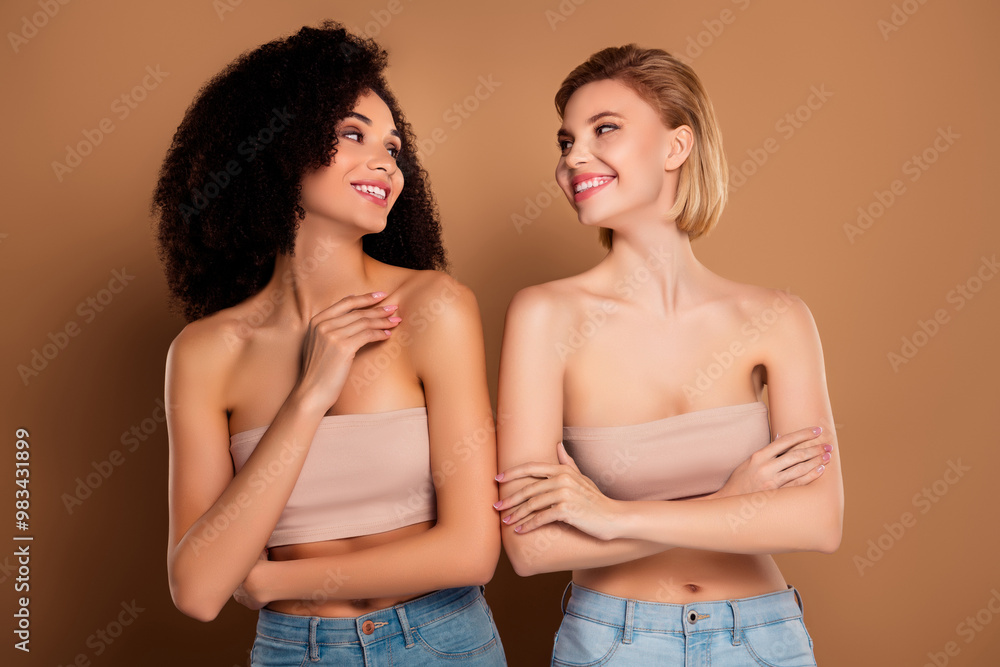 Naklejka premium Photo of confident cute women wear lingerie top arms crossed loving body positive isolated brown color background