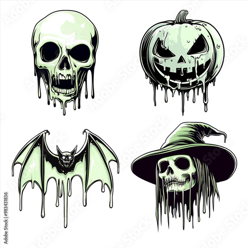 Halloween Icons in Green: Spooky Dripping Illustrations of Skull, Pumpkin, Bat, and Witch  photo