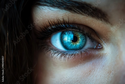 Close up of a woman's piercing blue eye looking directly at the camera