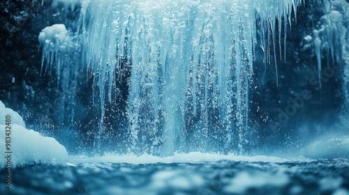 background featuring the dramatic texture of a frozen waterfall, with layers of icicles and frozen splashes, capturing the powerful yet serene beauty of nature in winter