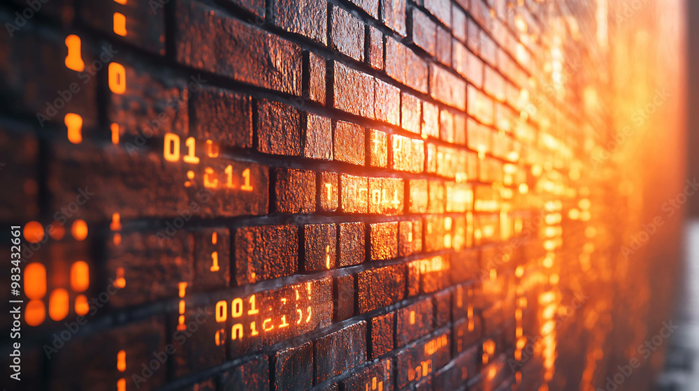 Fototapeta premium A brick wall with glowing binary code.